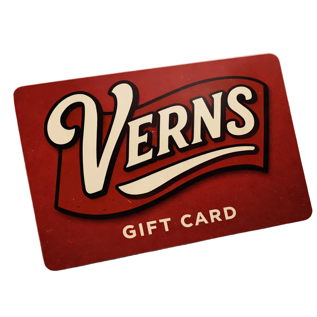 Red gift card with 'Verns' branding on a wooden surface
