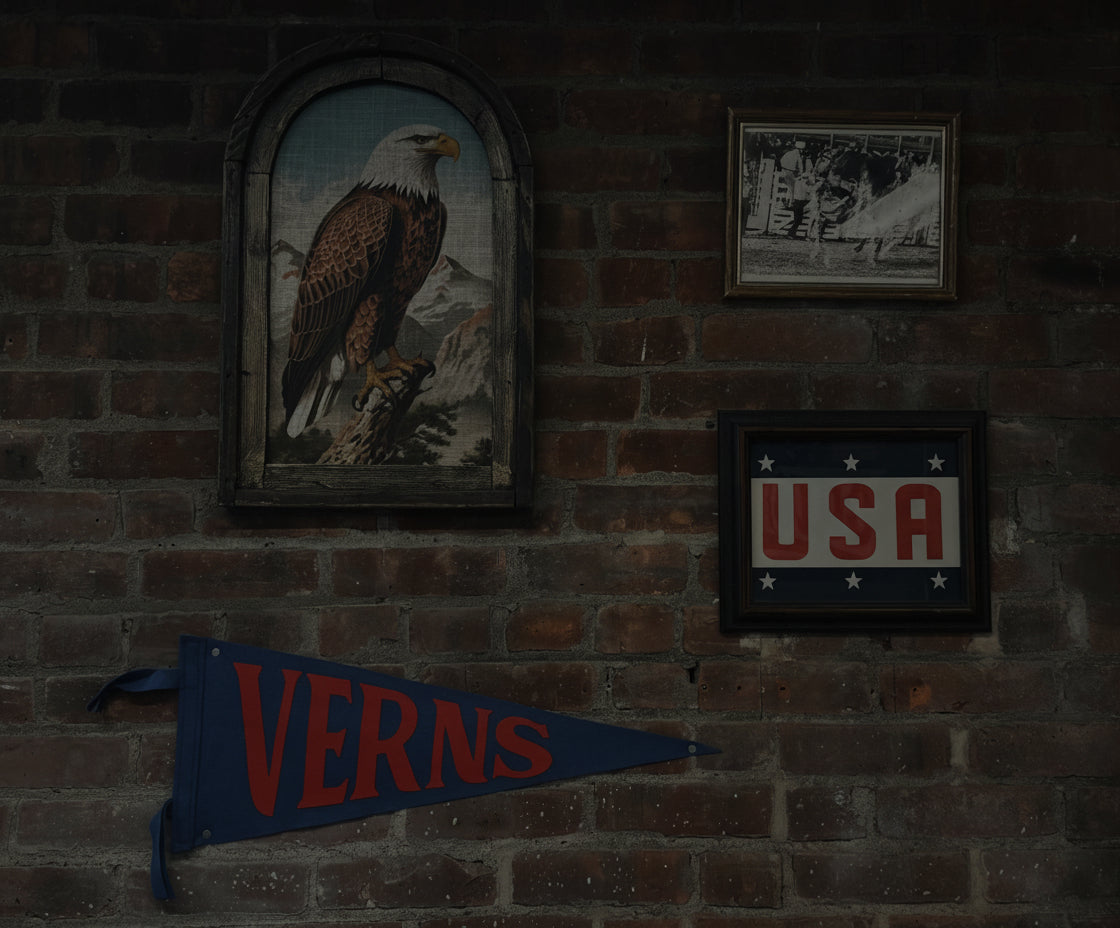 Decorative items including a framed painting of an eagle, a framed newspaper, and a blue pennant with 'VERNS' on a brick wall.