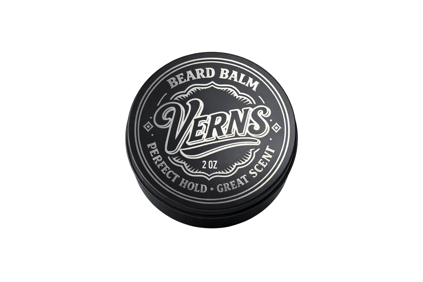 Black container of VERN'S beard balm on a white background