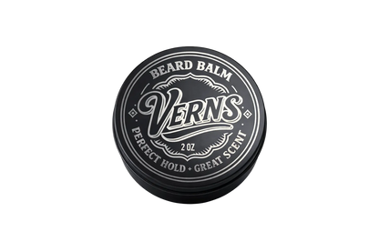 Black container of VERN'S beard balm on a white background
