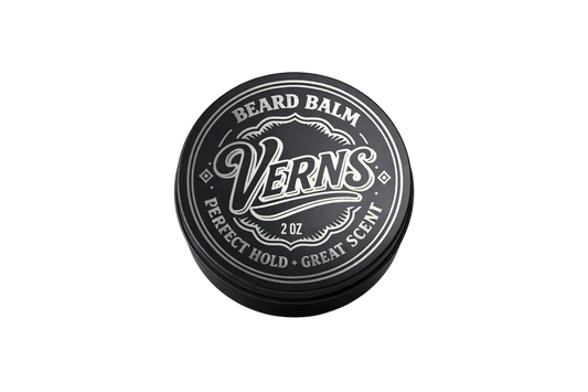 Black container of VERN'S beard balm on a white background