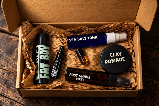 VERNS Sample Box with Fat Boy, Everything Oil, Cologne Roller, Sea Salt Tonic, Post Shave Mist, and Clay Pomade