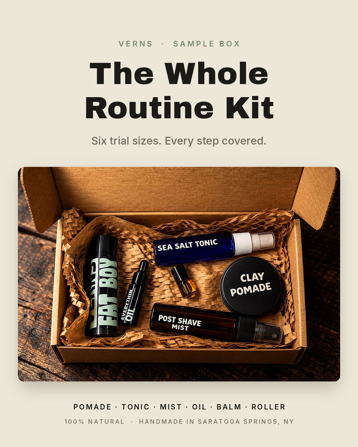 VERNS The Whole Routine Kit: six trial-size grooming products in a kraft box